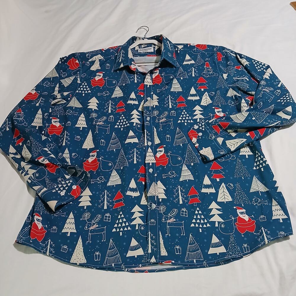 NWOT Ugly Christmas shirt Men's XXL J & Dhuasha  long-sleeved blue Santas Trees
